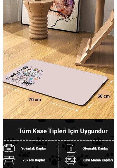 Matgo Pati Kedi Köpek Beslenme Matı 50x70cm Cool Cat Su Geçirmez Kaymaz Mama Kabı Altlığı Paspas