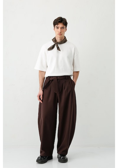 Vamos Barrel Fit Tailored Fit Kemerli Pantolon Kahve