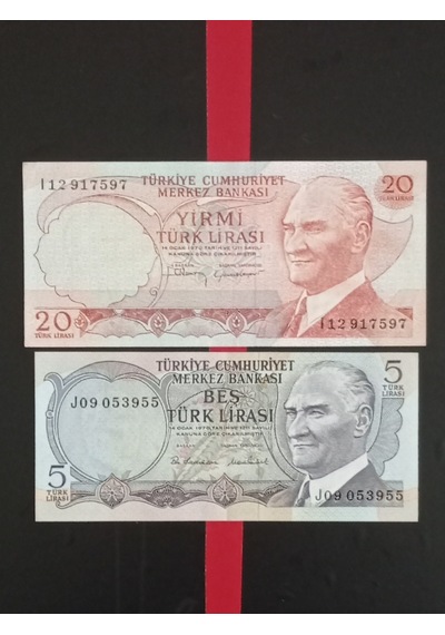 Cumhuriyetin İlk Dönemi 6. Emisyon 2 Adet Kağıt 5 Ve 20 Türk Lirası .