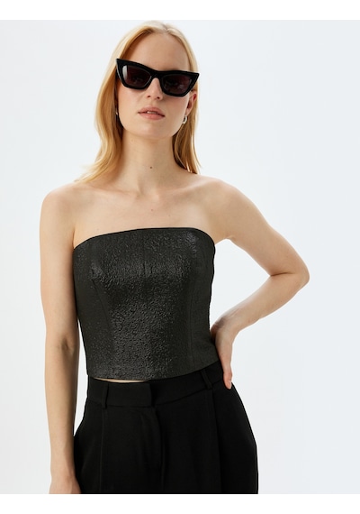 Koton Straplez Crop Parıltılı Dokulu Kolsuz Fermuarlı Bluz Siyah 5wak60015fw Siyah