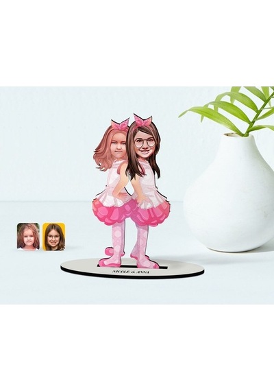 Kişiye Özel Kız Kardeşler Karikatürlü Ahşap Biblo Model-3