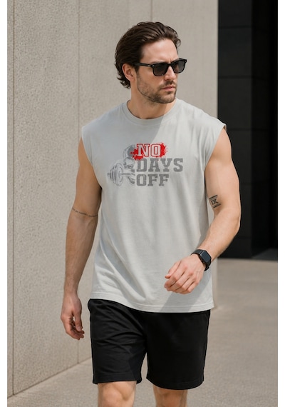 Urbantrendstore Baskılı Unisex Erkek Pamuklu Antrenman Sporcu Atleti Oversize Kolsuz T-shirt Gri