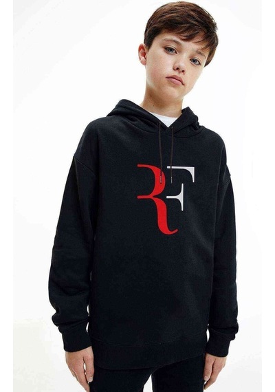 Tshirthane Roger Federer Rf Baskılı Unisex Çocuk Kapüşonlu Siyah Sweatshirt Siyah