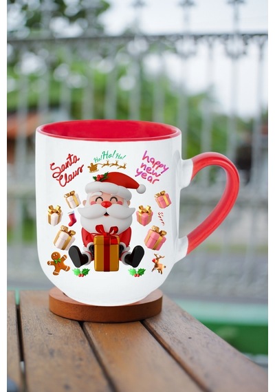 Noel Baba Happy Christmas Baskılı İçi Kırmızı Lüx Kupa Bardak Porselen Çay Kahve Fincanı Kırmızı