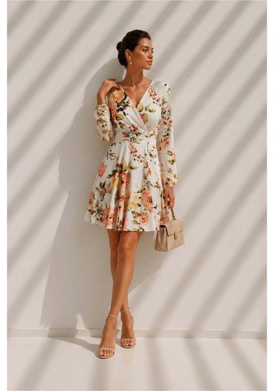 Lior Design Kadın Trend Model Kruvaze Yaka Mini Uzun Kollu Abiye Elbise Çok Renkli
