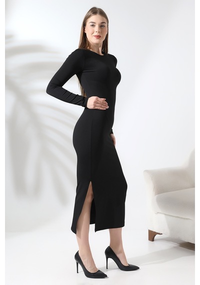 Gugus Trend Kadın Siyah Hailey Uzun Kollu Maxi Elbise Yırtmaçlı Model Ssiyah