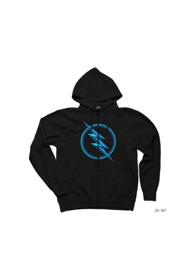 Flash Logo Blue Siyah Fermuarlı Kapşonlu Sweatshirt