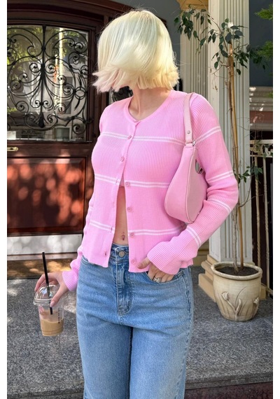 Madmext Pembe Çizgili Kadın Triko Hırka Mg2481 Pembe