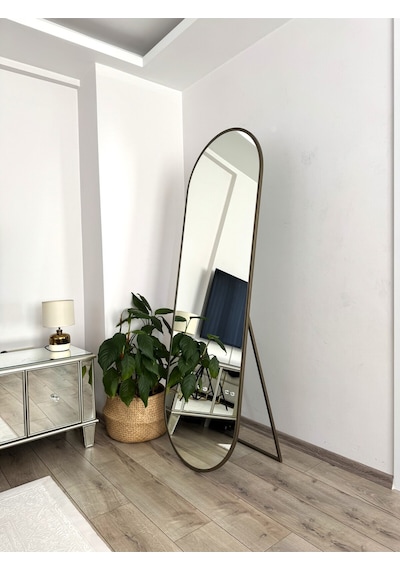 Effe Pirinç Eskitme Metal Çerçeveli 180x60 Cm Elips Model Ayaklı Boy Aynası