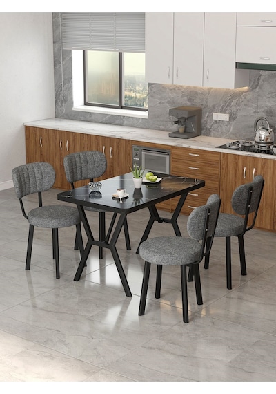 Azra 70x110cm Bendir Mutfak Masası, Mutfak Masası Takımı, Yemek Masası, 4 Koyu Gri Sandalye Koyu Gri
