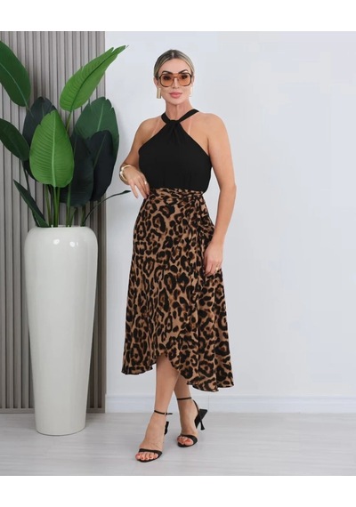 Valensdesign Kadın Önden Bağlamalı Leopar Desenli Süprem Uzun Etek