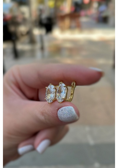 Gümüş Oval 12x8 Mm Taşlı 4,5 Carat Altın Kaplama Tektaş J Küpe Sarı