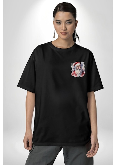 Mutlu Noel Baba Yeni Yıl Tasarımı Siyah Oversize Unisex Ön Sol Yan Minimal Baskılı Tişört Koyu Siyah