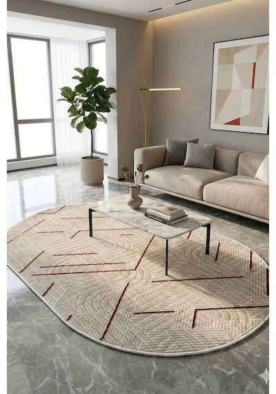 Modern Oval Halı Bambu Dokulu Kaymaz Taban Yumuşak Salon Yatak Odası Halısı Mürdüm 5000