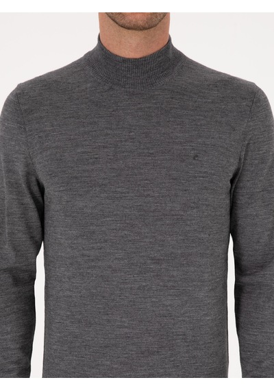 Cacharel Füme Slim Fit Yün Karışımlı Yarım Balıkçı Basic Triko Kazak Gri