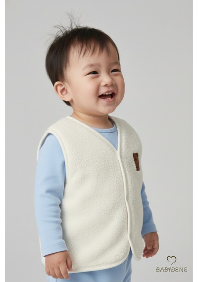 Babyden's Welsoft Erkek Bebek Çocuk Çıtçıtlı Yelek Ayıcık Armalı, Yumuşak Peluş Bebek Yeleği Ekru