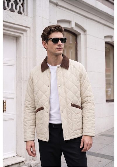 Baselco Retro Kadife Yaka Kapitone Ceket/mont Krem