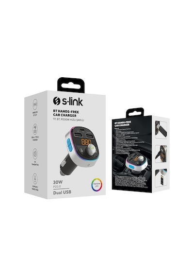 S-link Sl-bt601 Bt 5.3v Led Ekranlı Tf, Bt, Usb Destekli 2 Usb 2.4v 1 Type C Fm Modülatör