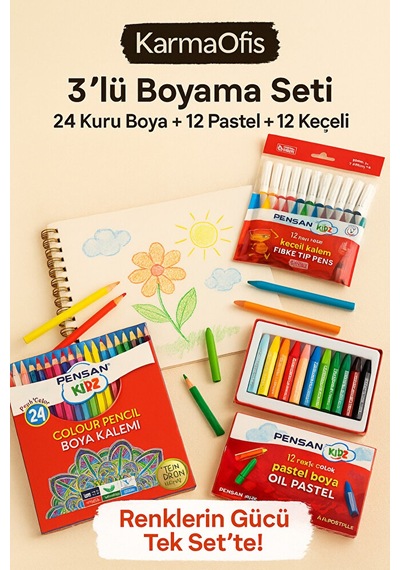 3 Lü Boyama Seti 24 Renk Kuru Boya+12 Renk Pastel Boya+12 Renk