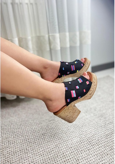 Asmi Shoes Kadın Gresa Siyah Kot Mantar Taban Ortopedik Platform Topuklu Terlik