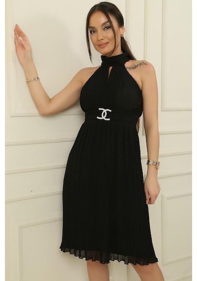 By Saygı Komple Pilisel İastarlı Şifon Elbise-36188-siyah