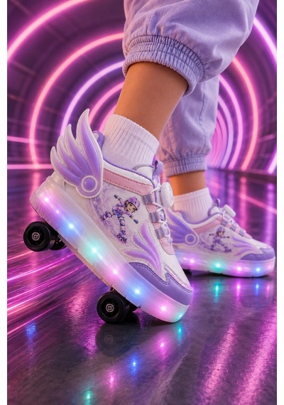 Muggo Wıngs Çocuk Kanat Detaylı Işıklı Patenli Tekerlekli Sneaker Spor Ayakkabı Lila