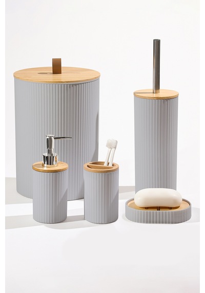 Makri Home 5 Parça Yuvarlak Banyo Seti, Bambu Kapaklı, Gri, Hacim: 7 Litre Gri