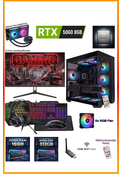 Comloji CMLJ63 R9-9900X 16 GB 512 GB SSD RTX5060 23.8" Free Dos Masaüstü Oyuncu Bilgisayarı