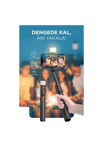 Torima Q12s Siyah Uzaktan Kumandalı Kablosuz Led Işıklı Selfie Çubuğu Tripod