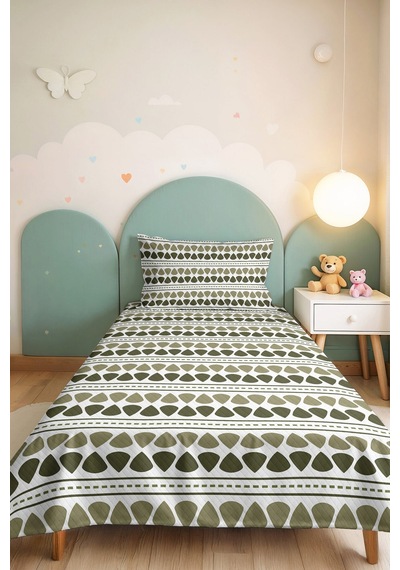 Yeşil Geometrik Modern Tek Kişilik Pike Takımı - Beyaz Çizgili Minimal 160x220 Cm Yatak Örtüsü Ahenkli Halı Kırıntısı