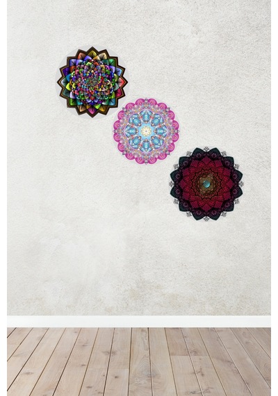 Mandala Desenli 3'lü Ahşap Tablo Modeli, Ev, Oturma Odası, Salon, Ofis Şık Duvar Dekorasyonu