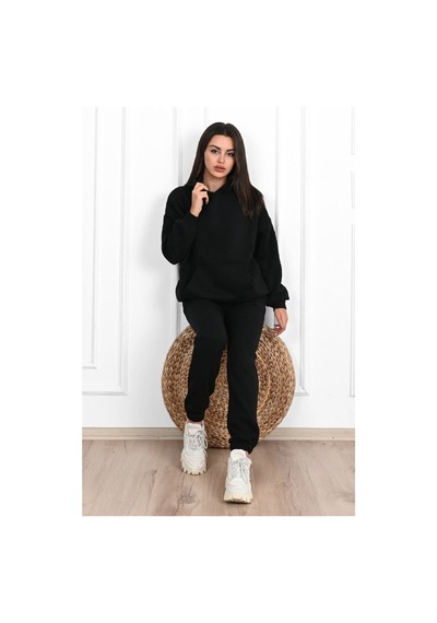 Düz Basic Eşofman Takımı Sweatshirt Jogger - Siyah Oversize Şardonlu Kapüşonlu Siyah
