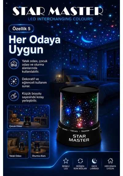 Oda İçin Yıldız Efektli Led Gece Lambası Renkli Işık Yansıtan Dekoratif Projektör Çok Renkli