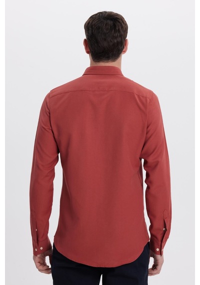 Tudors Erkek Slim Fit Dar Kesim Düz Oxford Armalı Yaka Düğmeli Kiremit Spor Gömlek-42015 Kiremit
