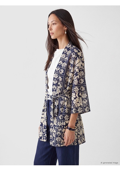 Lcw Everyday Mavi Şal Yaka Desenli Beli Kuşaklı Kadın Kimono