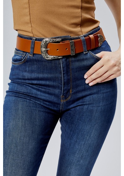 %100 Hakiki Şık Kadın Kemeri Antik Gümüş Desenli 4cm Taba