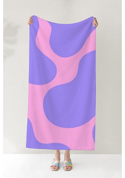 Modern Soyut Geometrik Plaj Havlusu - Minimalist Lila Pembe Dalgalı Hızlı Kuruyan Mikrofiber Havlu Mat İncir