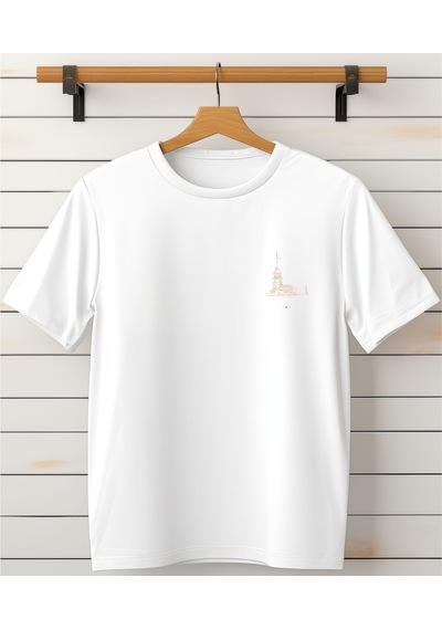 Aselinda Kız Kulesi Baskılı Bisiklet Yaka Beyaz T-shirt-göğüs Baskılı Tişört Beyaz