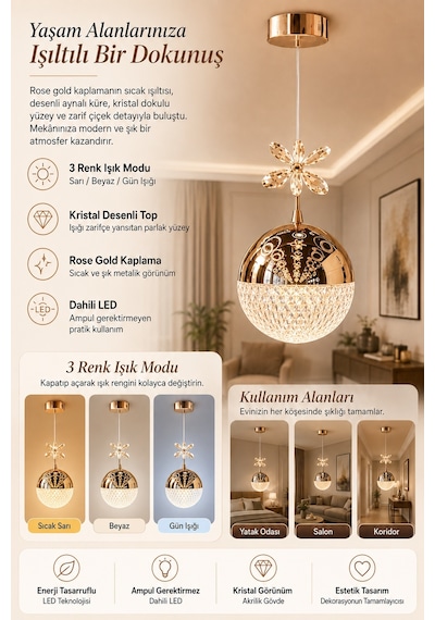 Tekli Desenli Top Rose Gold 3 Renk Modlu Kristal Desen Taşlı Ledli Sarkıt Avize Resimdeki Gibi
