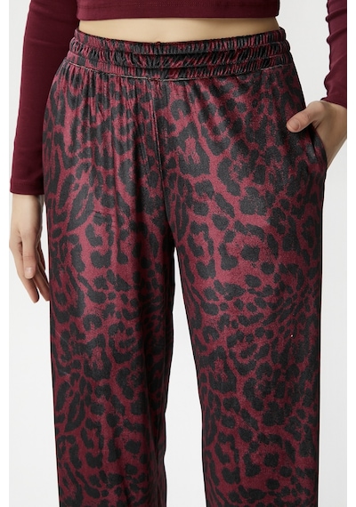 Ritnice Kadın Hide Kadife Bel Lastikli Cepli Bordo Leopar Pantolon Bordo Leopar Bordo