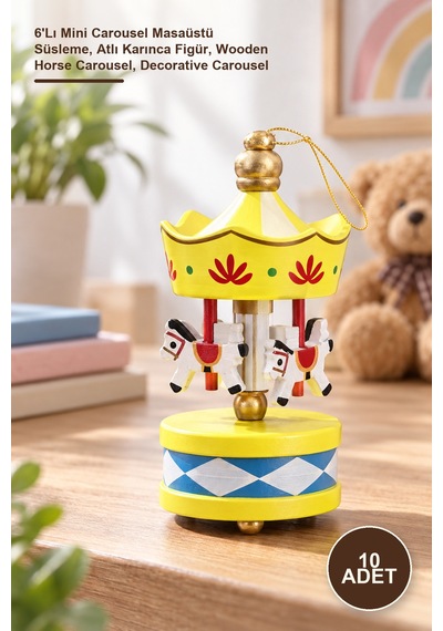 10 Adet Ahşap Dekoratif Atlı Karınca 6'lı Mini Carousel Masaüstü Süsleme, Atlı Karınca Figür, Wooden Horse Carousel, Decorative Carousel Diğer