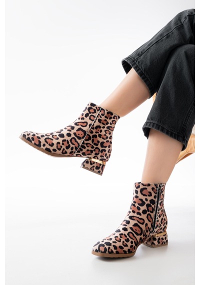 Rm-500 Leopar Topuklu Fermuarlı Günlük Kadın Bot Kahverengi