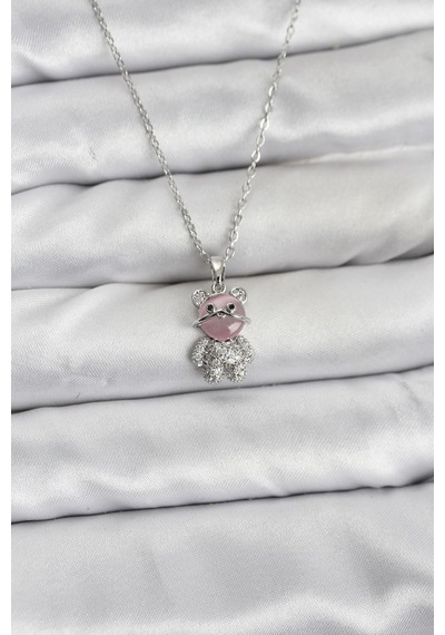 316l Çelik Zincir Gümüş Renk Teddy Bear Model Zirkon Taşlı Kadın Kolye Karışık Renk