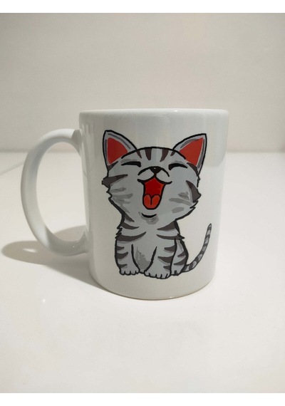 Neşeli Yavru Gri Kedi Baskılı Kupa Bardak - Kedili Kupa Beyaz