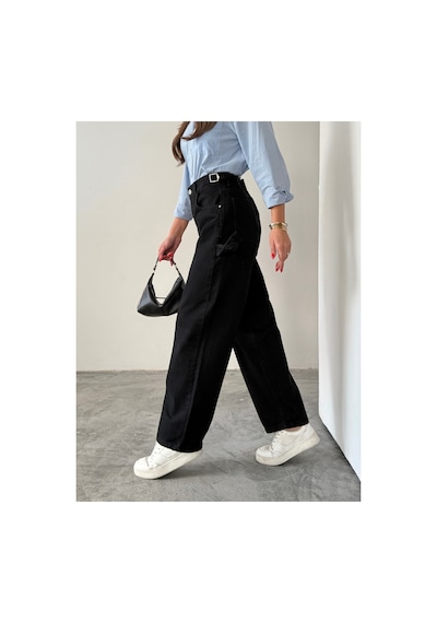 Blue Marlın Yan Kemer Siyah Tokalı Kargo Cep Detaylı Baggy Jeans Siyah