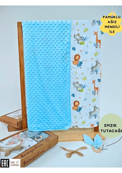 Nohut Desenli %100 Pamuklu Çift Katlı Bebek Battaniyesi 85x85 Cm Kız/erkek Kundak & Mevsimlik Örtü Mavi