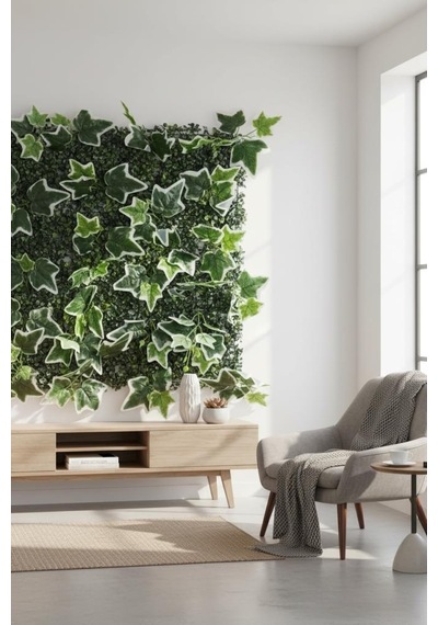 Yapay Çiçek Duvar Kaplama Panel Yeşilbeyaz Sarmaşık Hedera Tabaka 40x60cm Dik Duvar Uygulama Yeşil
