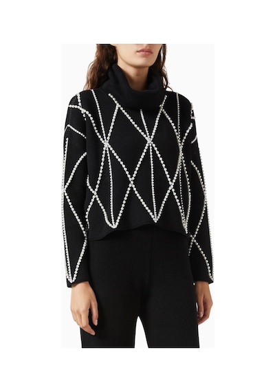 Izaak Azanei Pearl Embellished Turtleneck Sweater, Şık Ve Lüks Kadın Triko Kazak Siyah