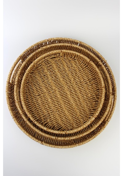 3 Lü Rattan Tepsi Dekoratif Tepsi Hasır Örme Tepsi Yuvarlak Krem