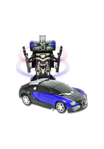 Robota Dönüşebilen Bugatti Araba Işıklı Sesli Müzikli Kendi Kendine Gezen Pilli Oyuncak 20 Cm. Mavi-kırmızı